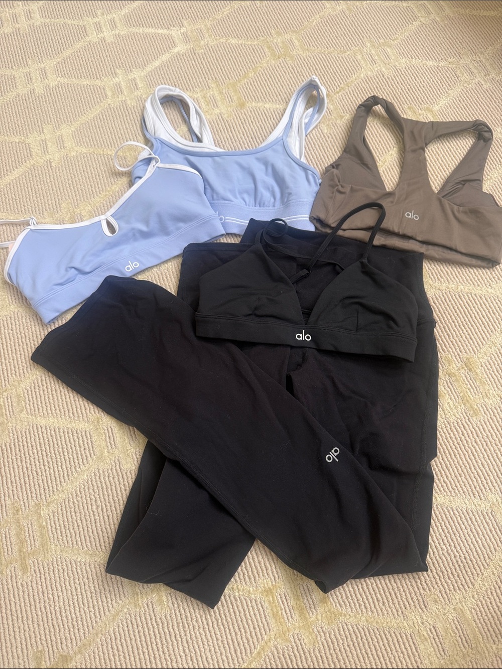 ALO Yoga Bralette & Legging Mix — Black, Light Blue, Taupe xs